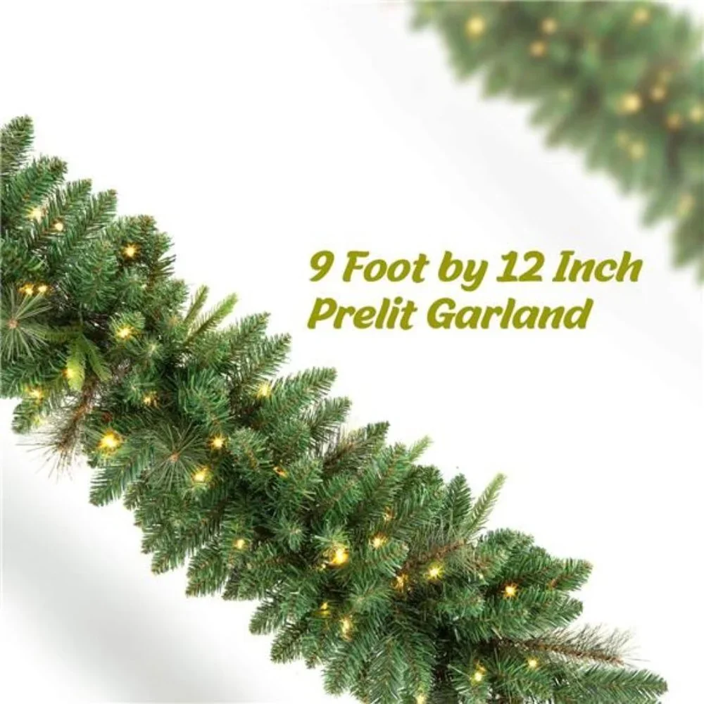 9 FT by 12 Inch Christmas Garland, Pre-lit Garland with 50 Warm Lights